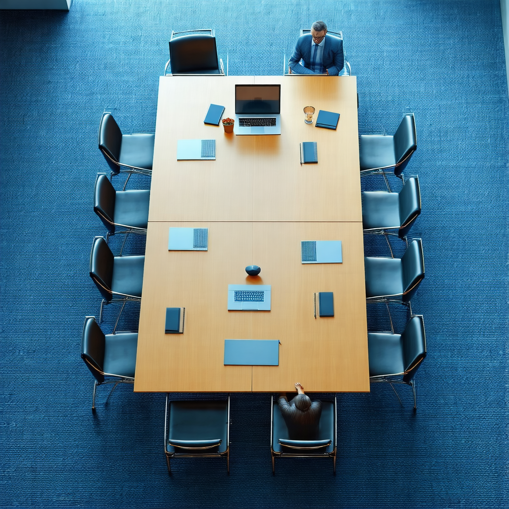 Conference room with a large wooden table in the center