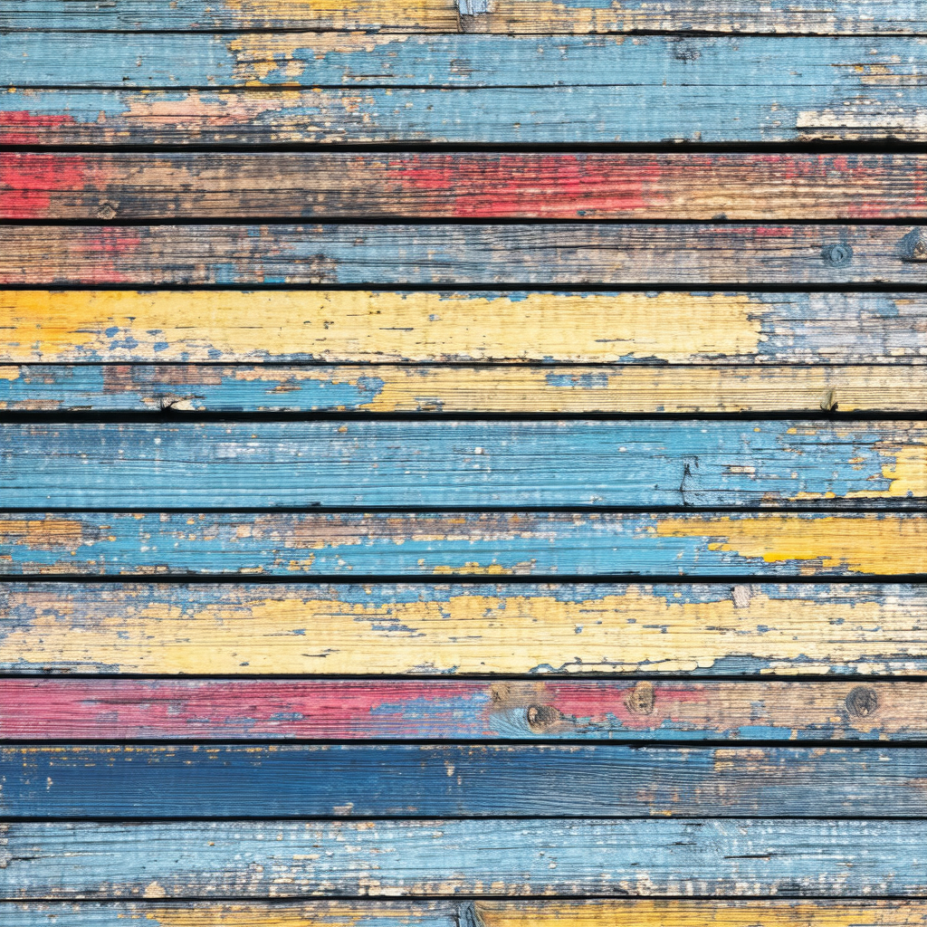 Wooden wall with a blue, yellow, and red striped pattern