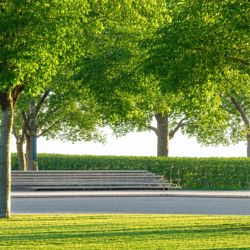 Large, grassy field with a row of benches lined up in the...