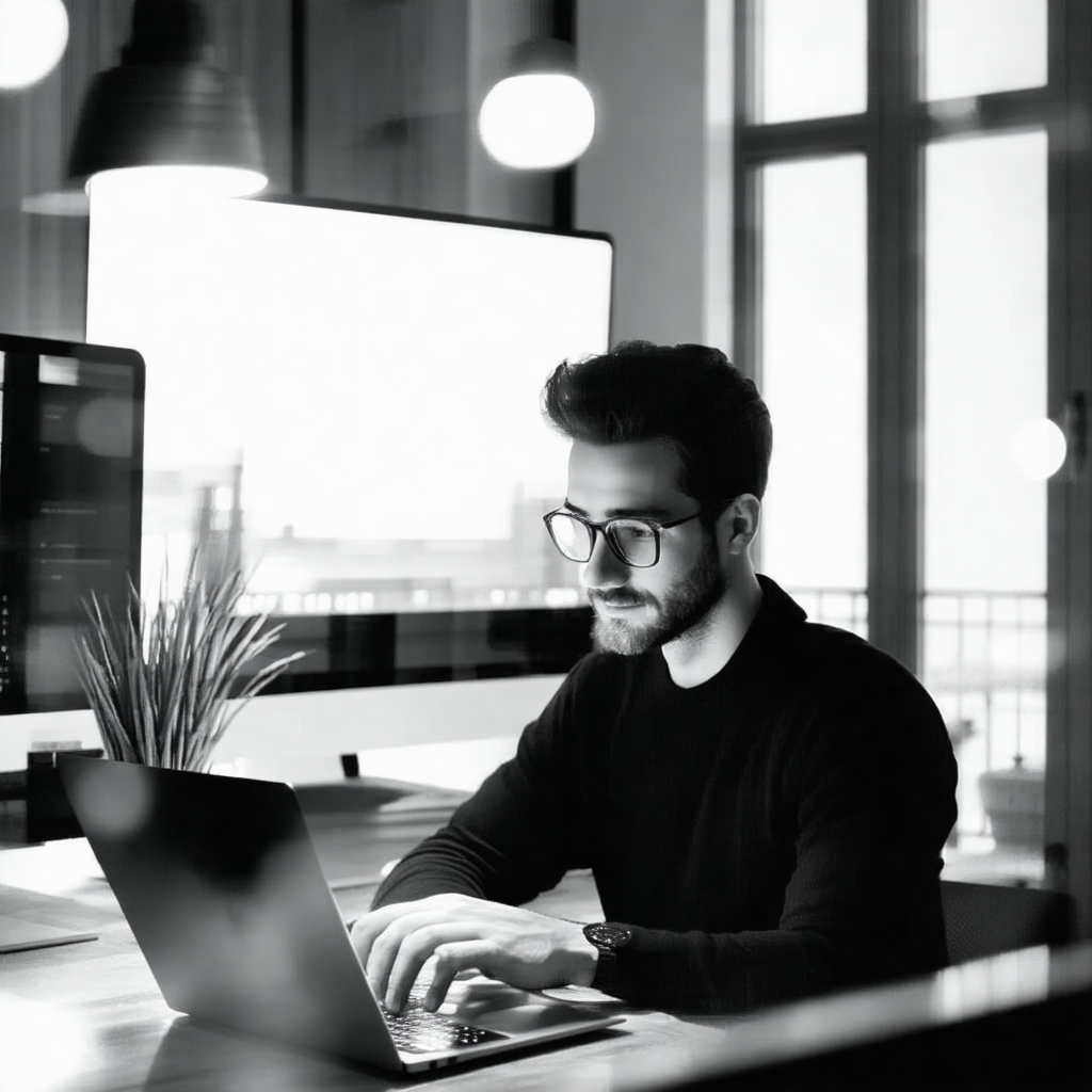 Man sitting at a desk, working on a laptop computer