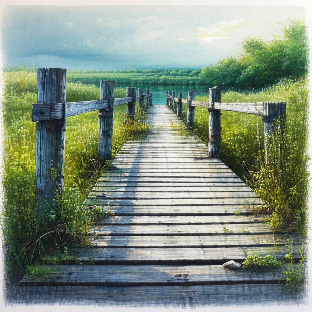 Wooden bridge that spans across a body of water, possibly...