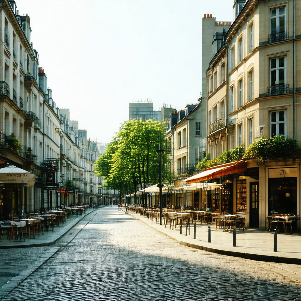 Narrow street in a city, lined with tall buildings and nu...