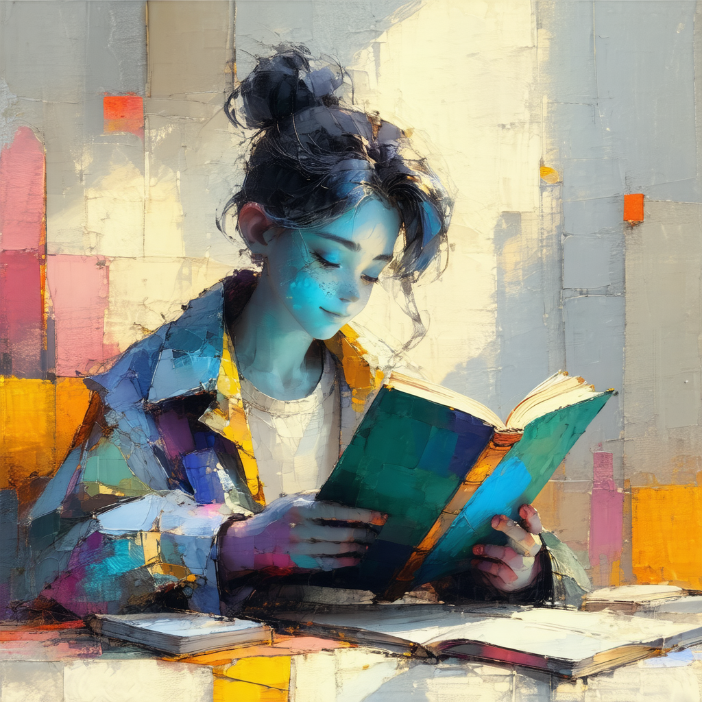 Young woman sitting at a table, reading a book
