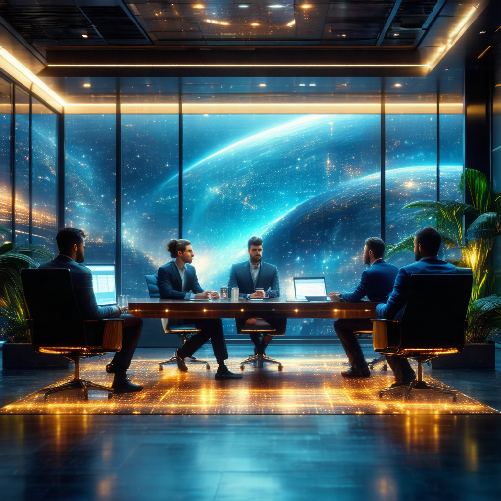 Group of four men sitting around a large conference table...