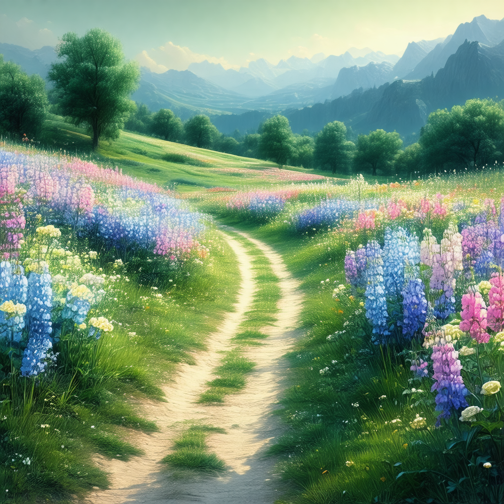 Beautiful, lush green field with a dirt path running thro...