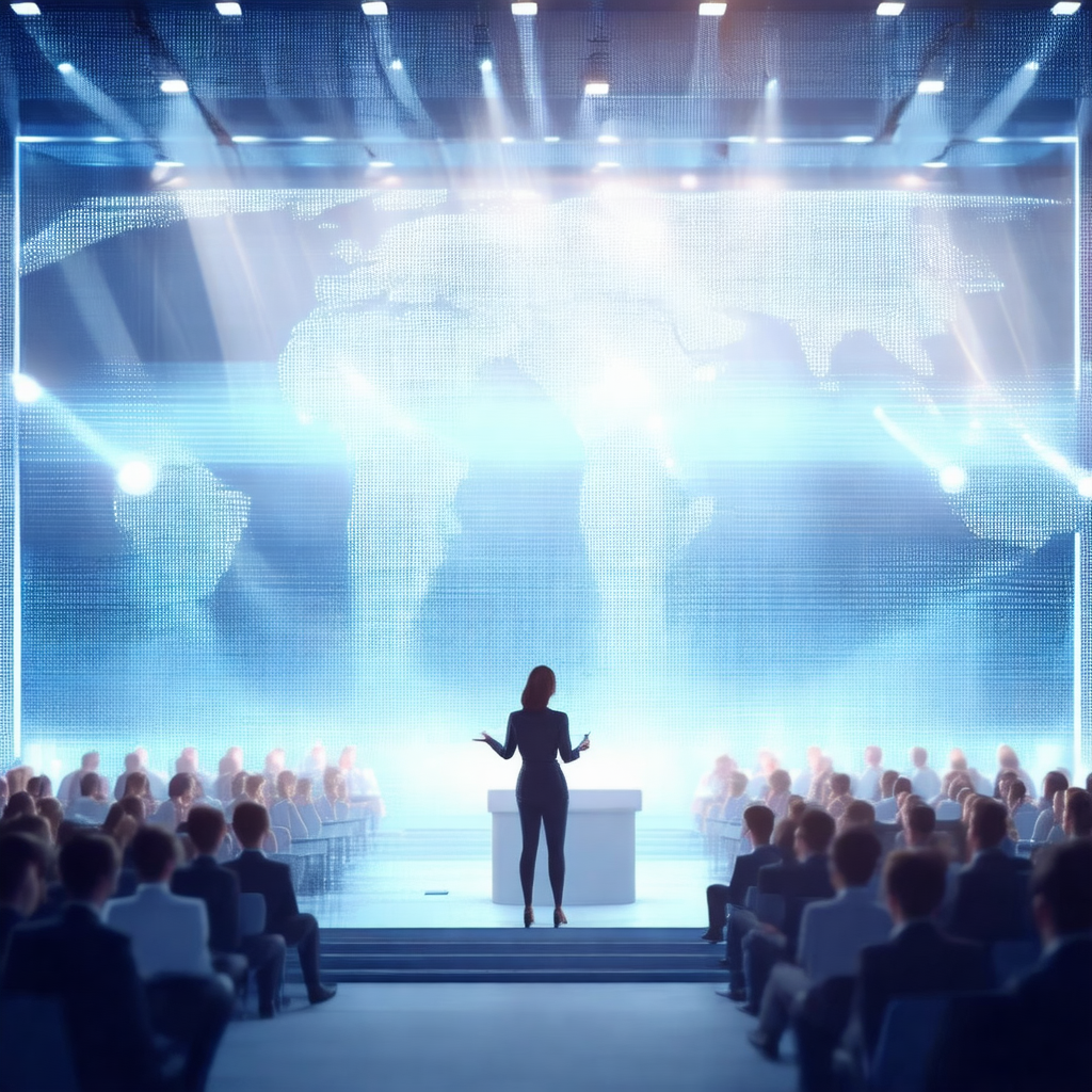 Woman standing at a podium in front of a large audience