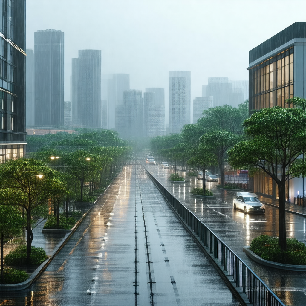 Rainy day in a city, with a wet street and a bridge overl...