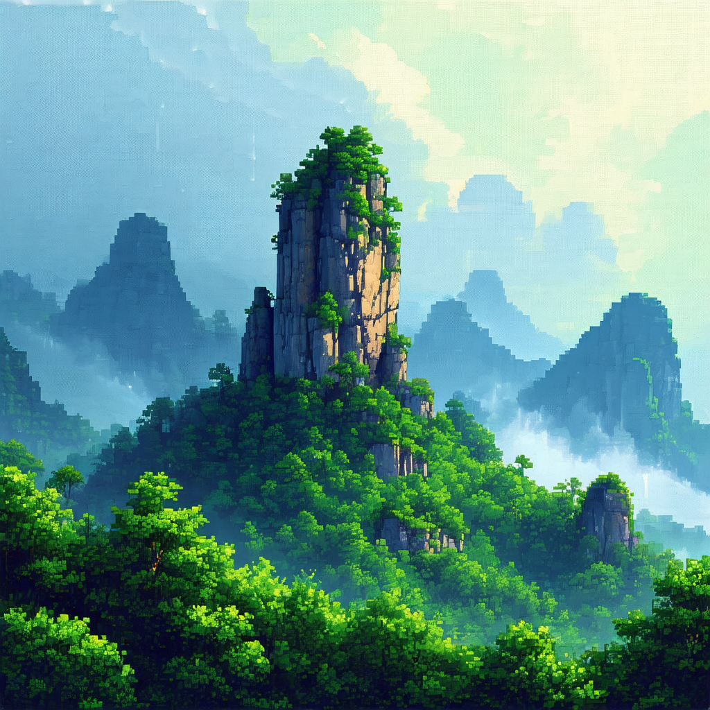 Beautifully drawn, colorful picture of a mountainous land...