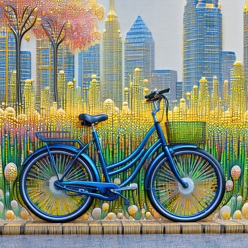 Blue bicycle parked on a sidewalk near a city street
