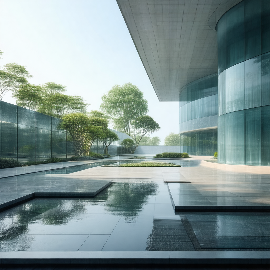 Large, modern building with a reflecting pool in front of it