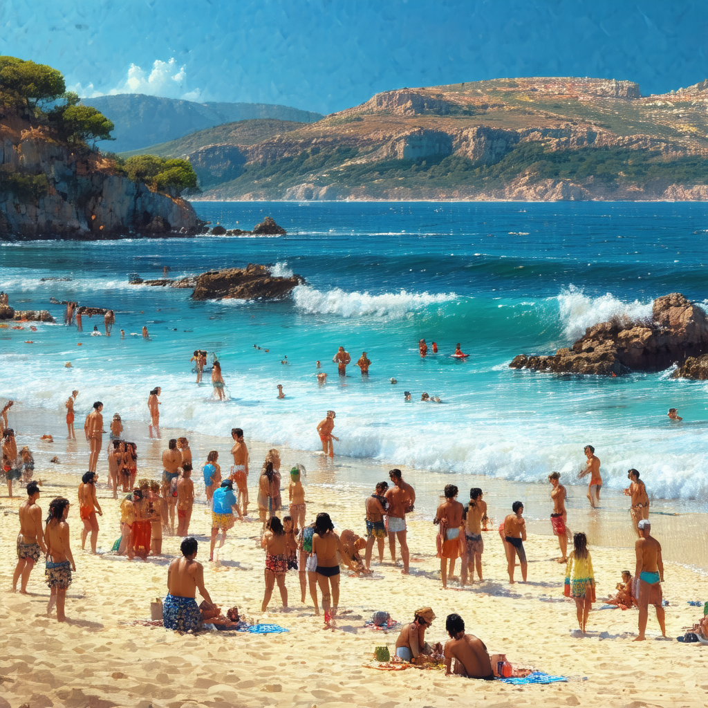 Lively beach scene with a large group of people enjoying ...