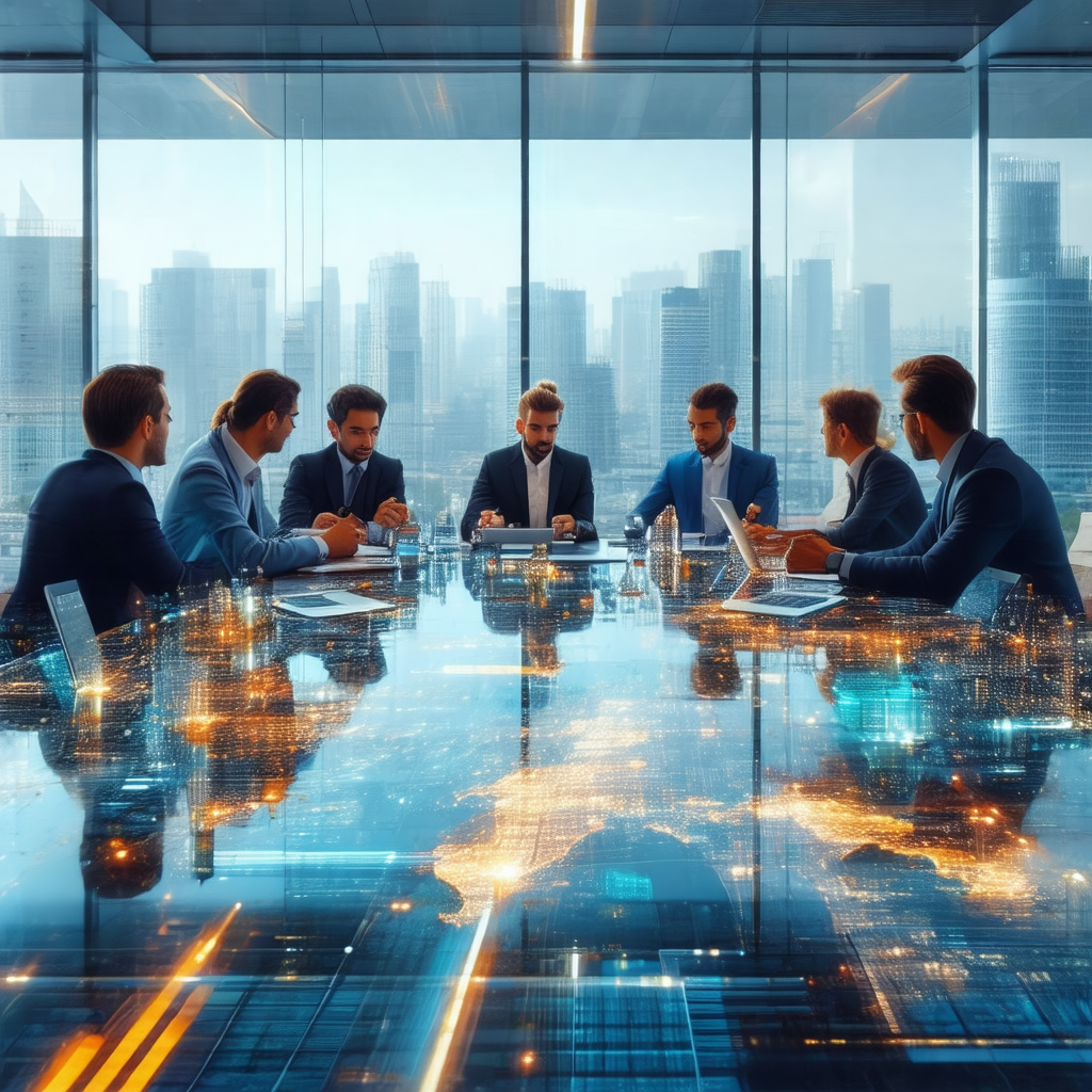 Group of businessmen gathered around a large, illuminated...