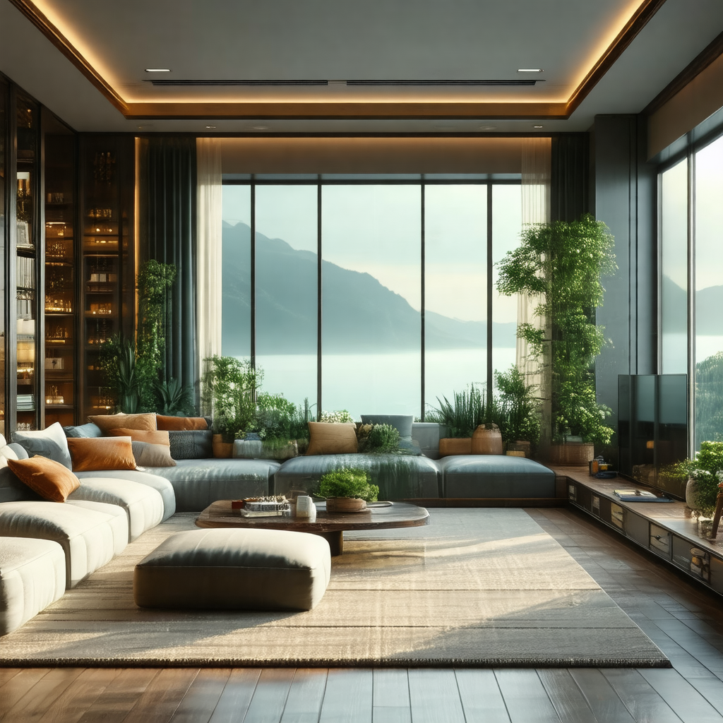 Spacious living room with a large window that offers a st...