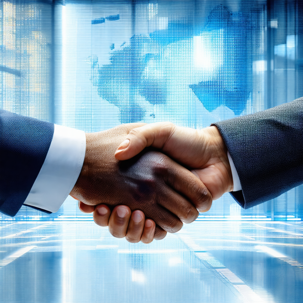 Two men shaking hands in a business setting