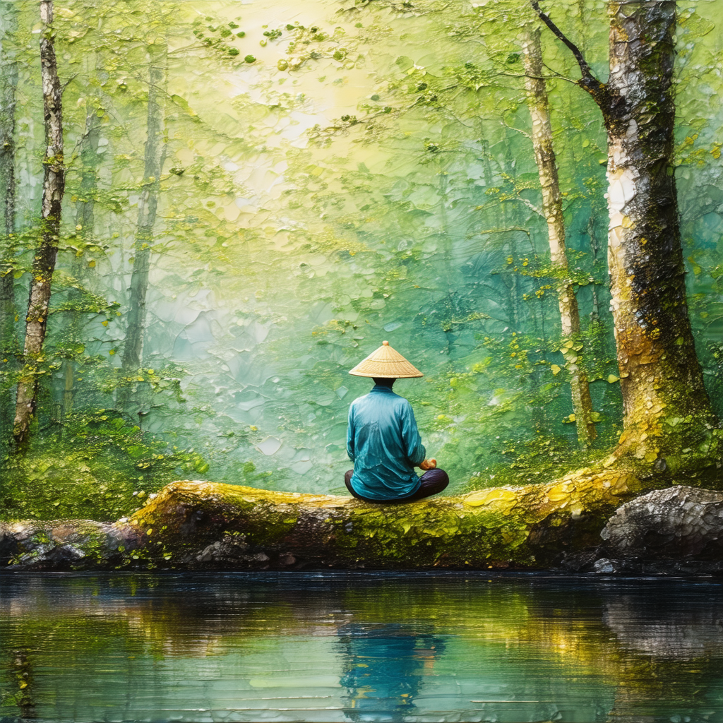 Man sitting on a rock in a forest, surrounded by trees