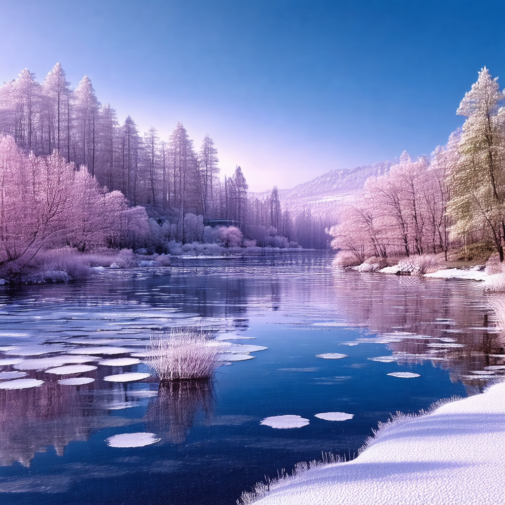 Serene scene of a frozen river surrounded by snow-covered...