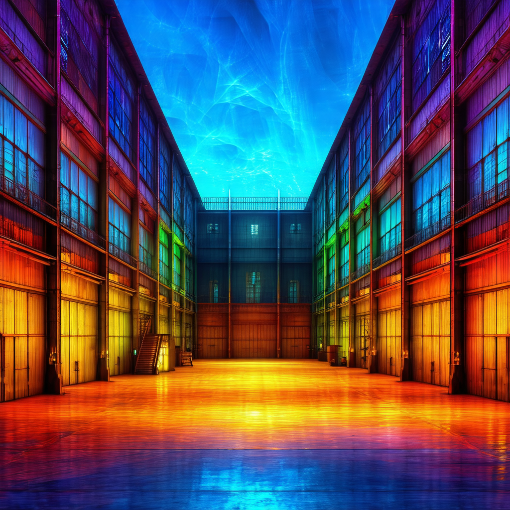 Colorful, artistic representation of a large building wit...