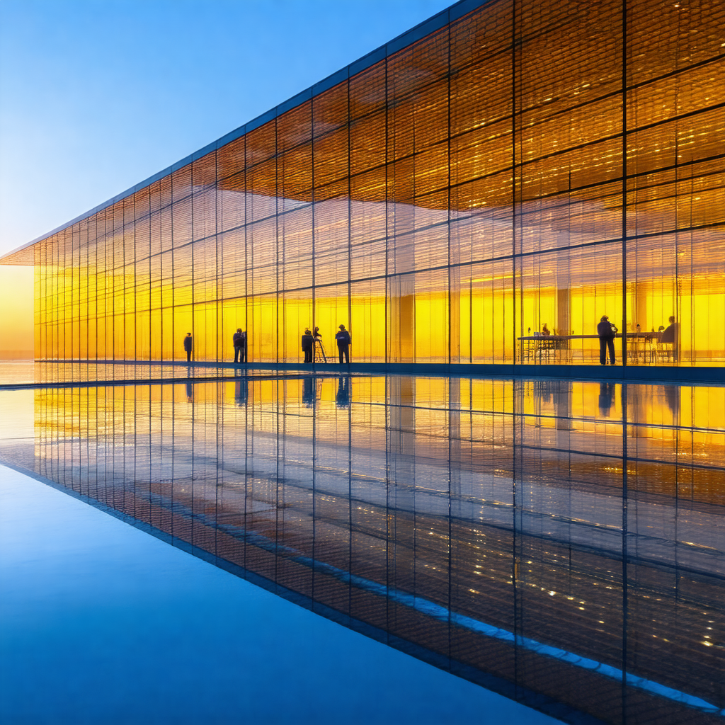 Large building with a reflective pool in front of it