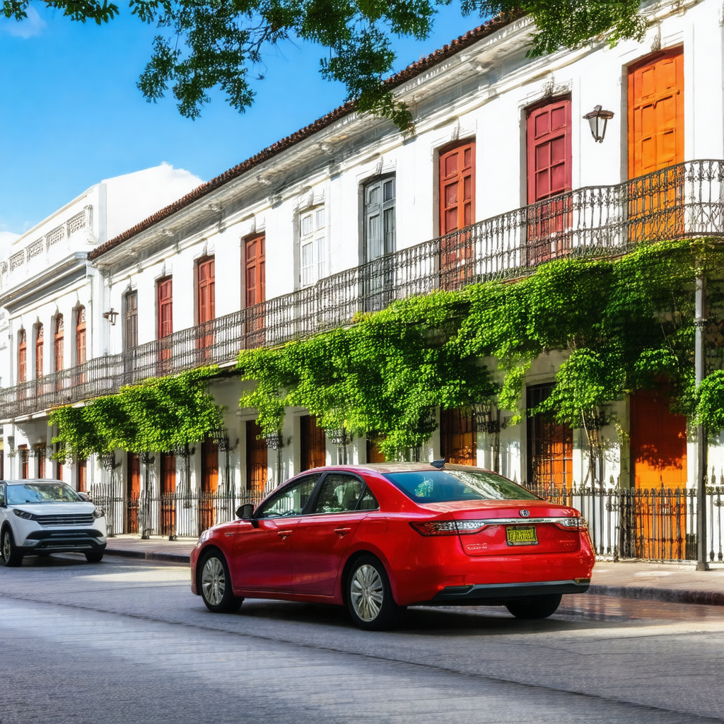 Red car driving down a street in front of a row of buildings
