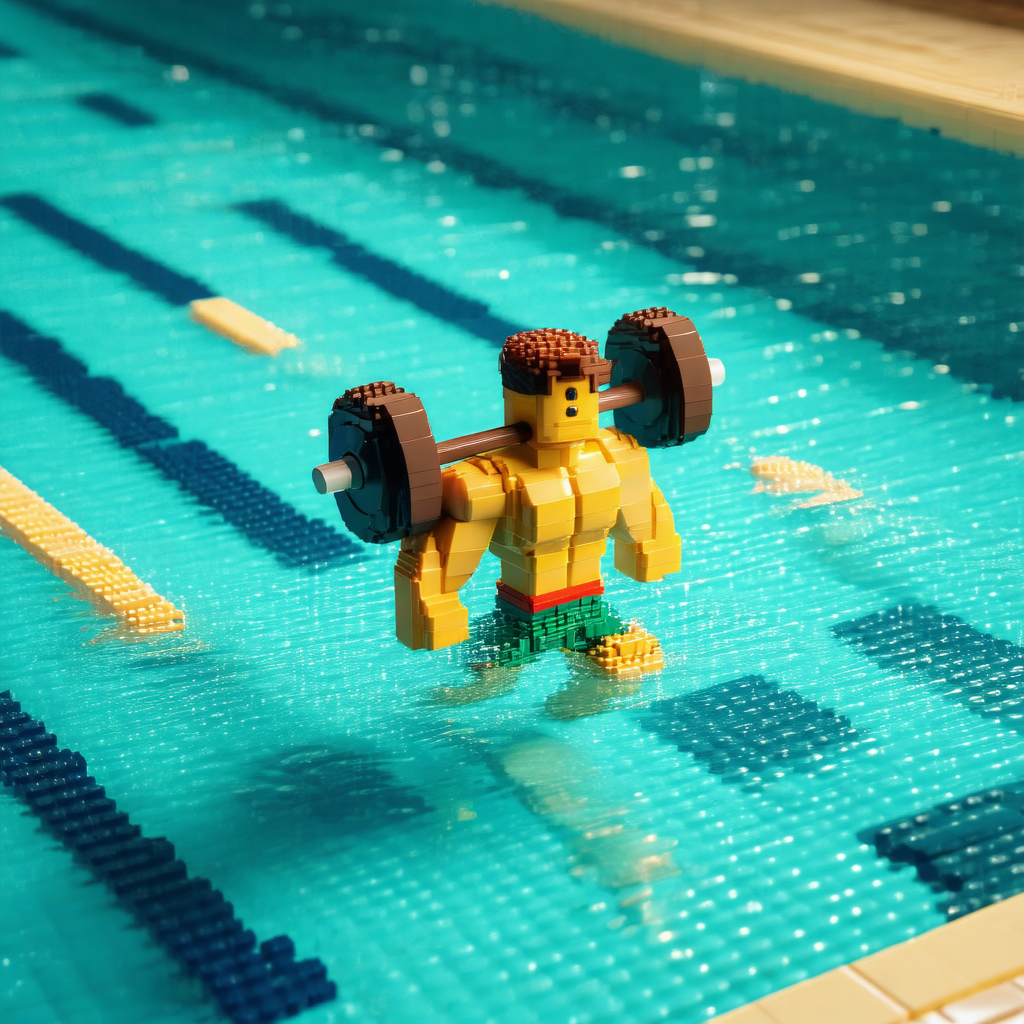 Man in a swimming pool, holding a weight in his hand