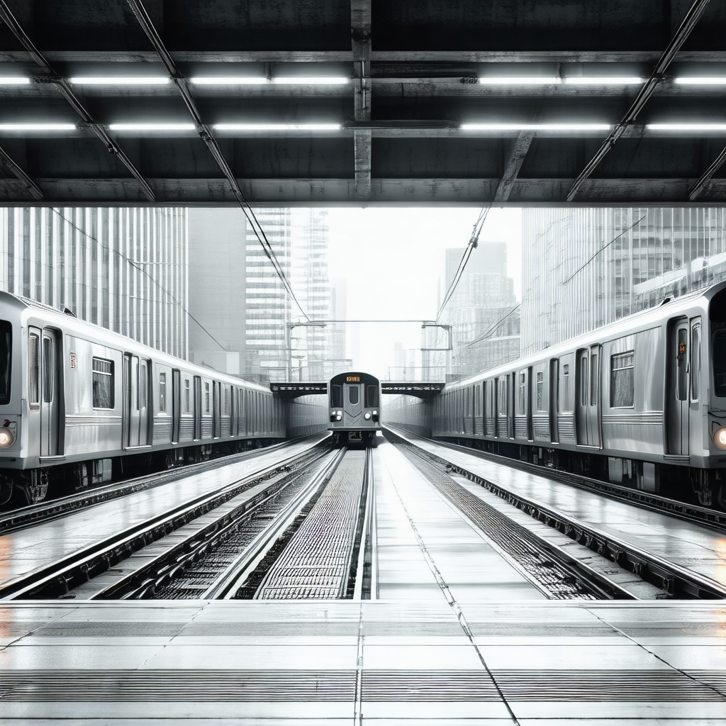 Train station with two trains on parallel tracks