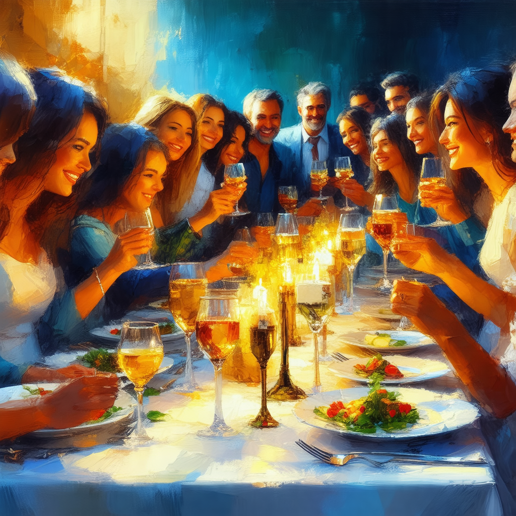 Large group of people gathered around a dining table, enj...