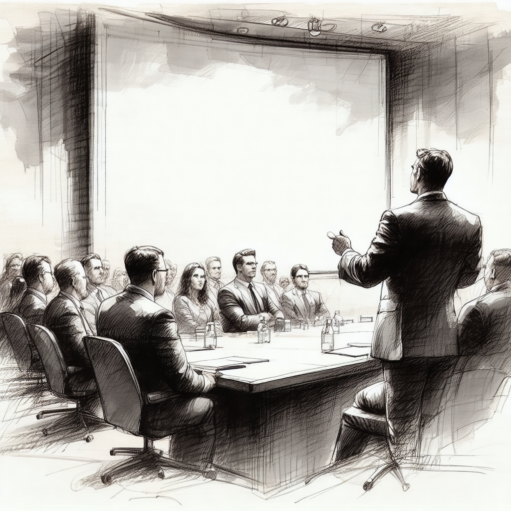 Black and white drawing of a man giving a presentation to...