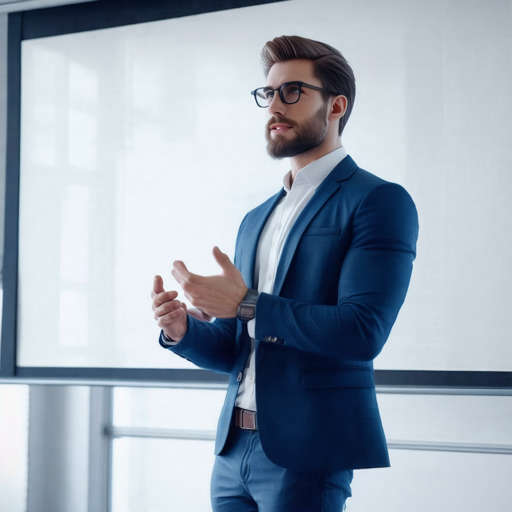 Man wearing a blue suit and glasses, standing in front of...