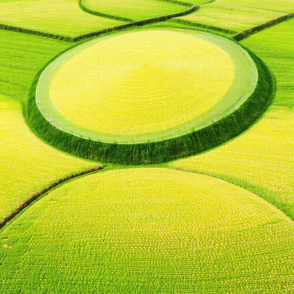 Large, circular field of green grass, with a distinctive ...
