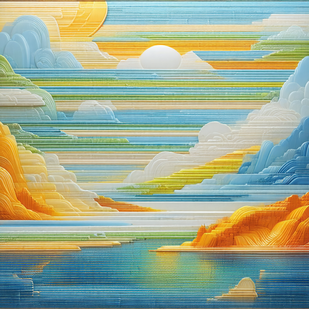 Painting of a beautiful landscape featuring a large body ...