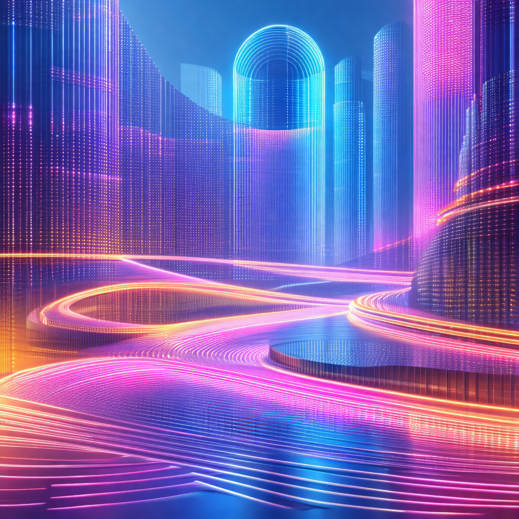 Futuristic cityscape with a large, brightly lit building ...