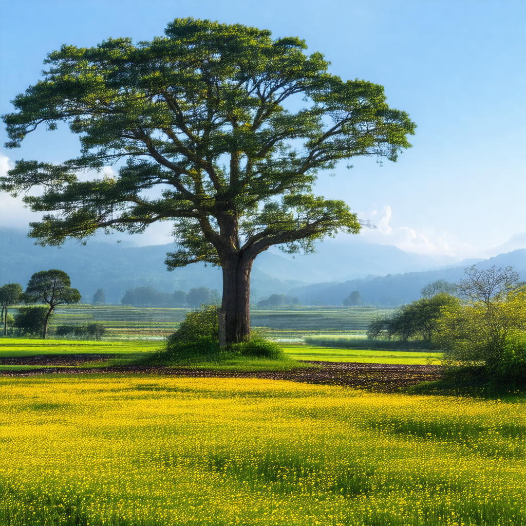 Large, lush green field with a tree in the middle