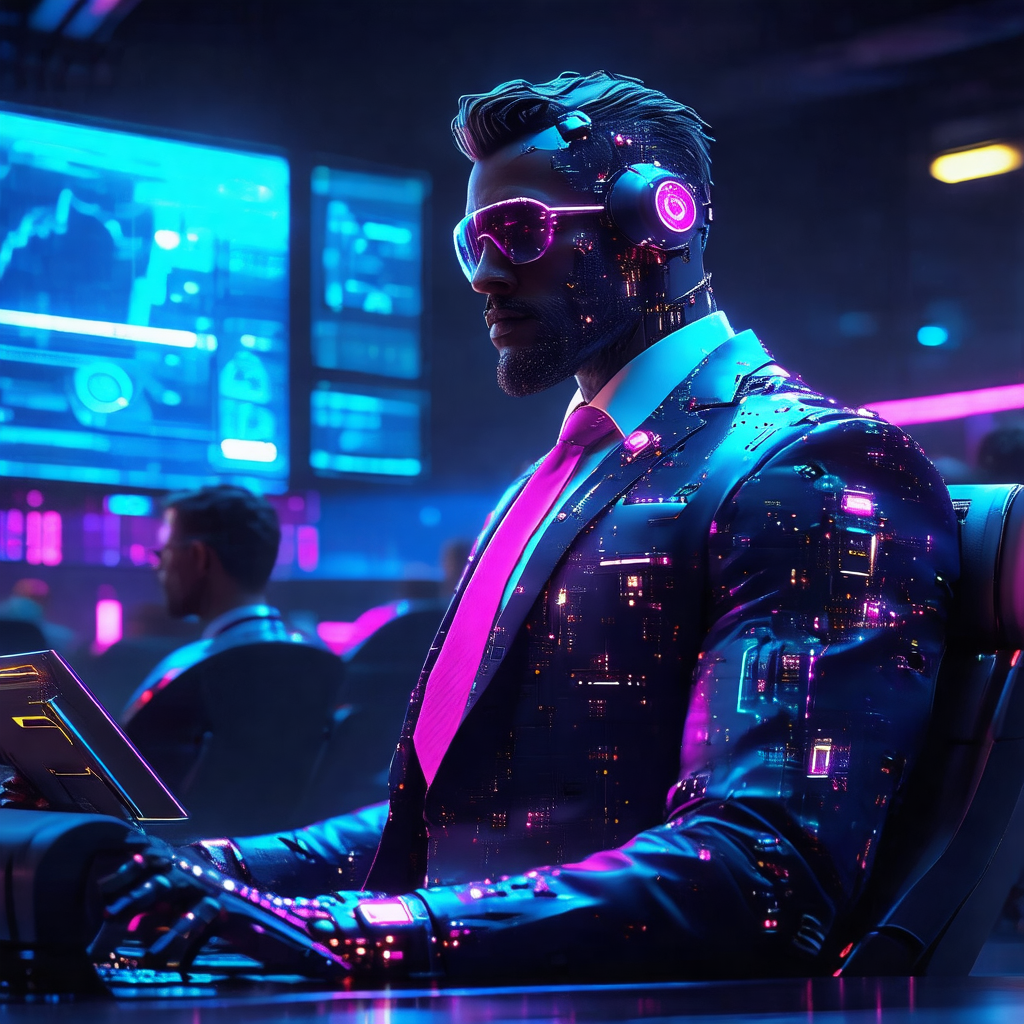 Man wearing a suit and tie, sitting at a desk with a lapt...