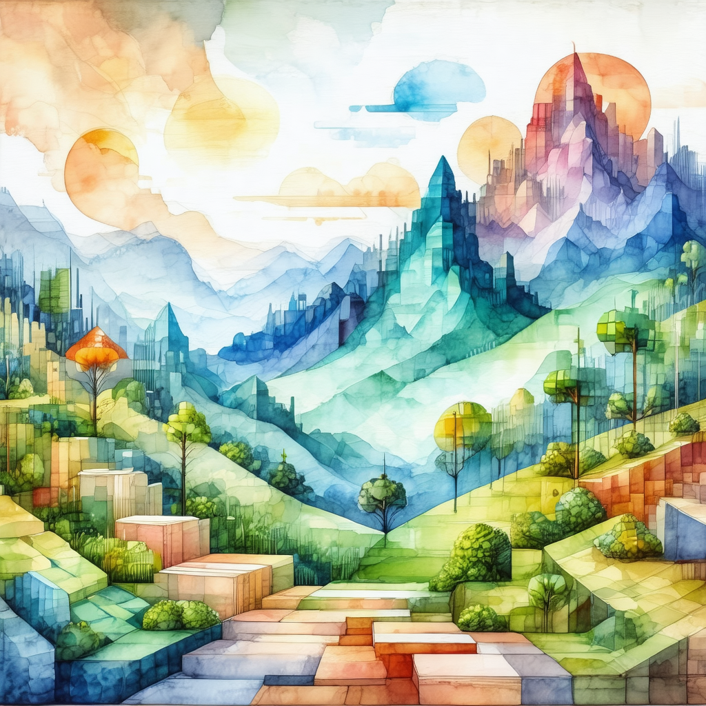 Painting of a mountainous landscape with a large, colorfu...
