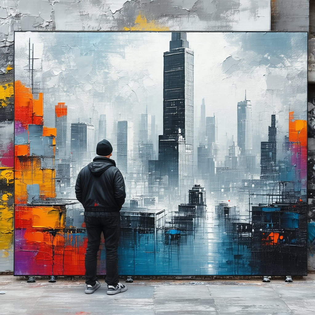 Man standing in front of a large painting of a cityscape