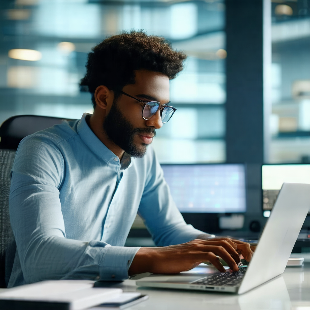 Man sitting at a desk, working on a laptop computer