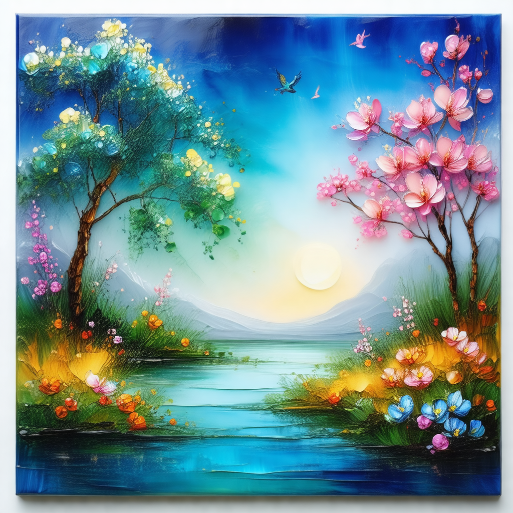 Beautiful painting of a serene landscape with a body of w...