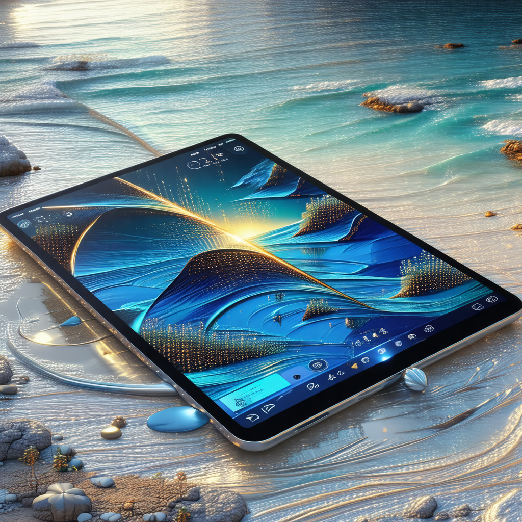 Large, flat screen tablet computer with a blue and white ...