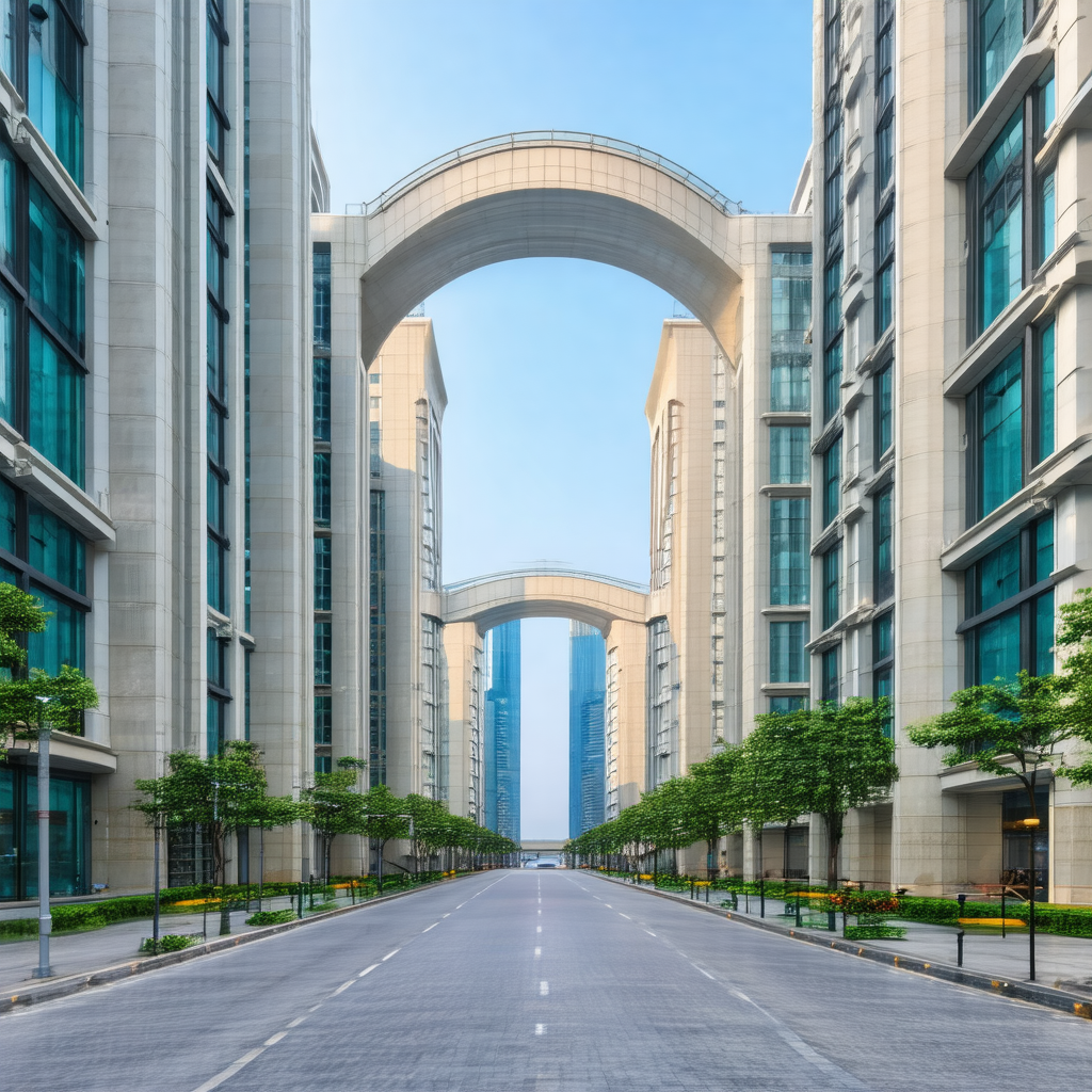 Large, empty city street with a row of tall buildings on ...