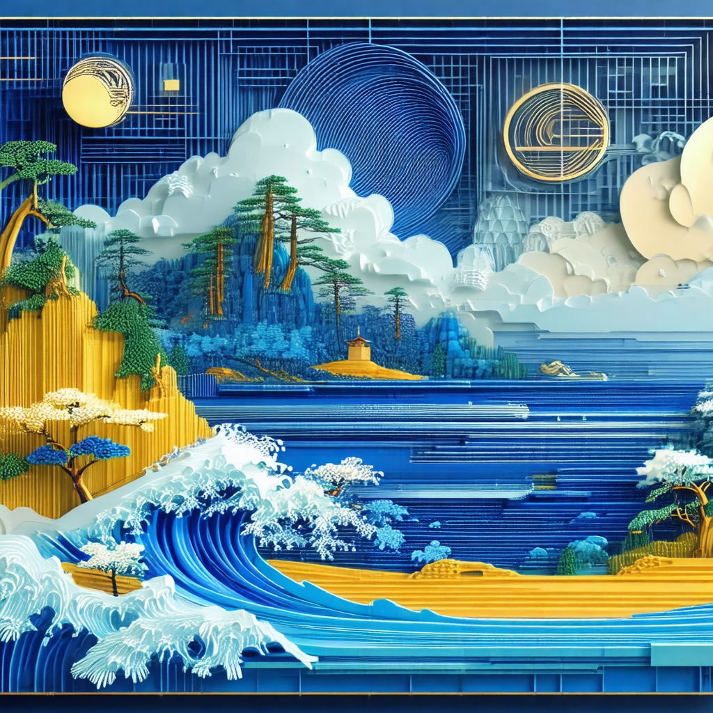 Blue and white painting of a mountainous landscape with a...