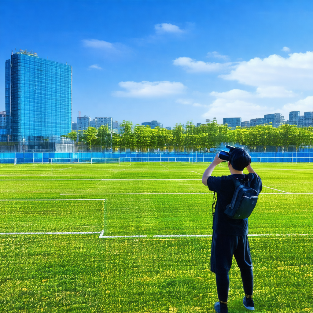 Man standing in a large, open field, holding a cell phone...