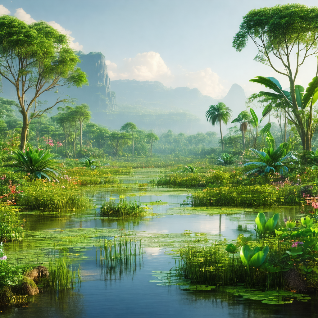 Serene scene of a lush green forest with a river flowing ...