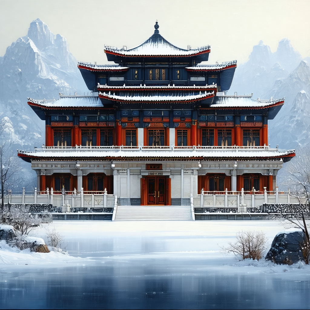 Large, ornate building with a red roof, surrounded by snow