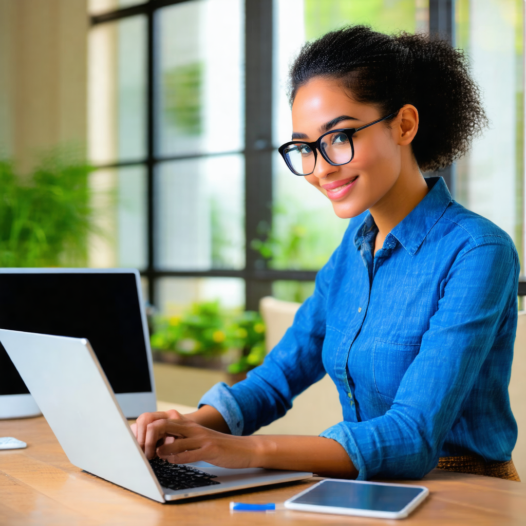 Woman sitting at a desk, working on a laptop computer