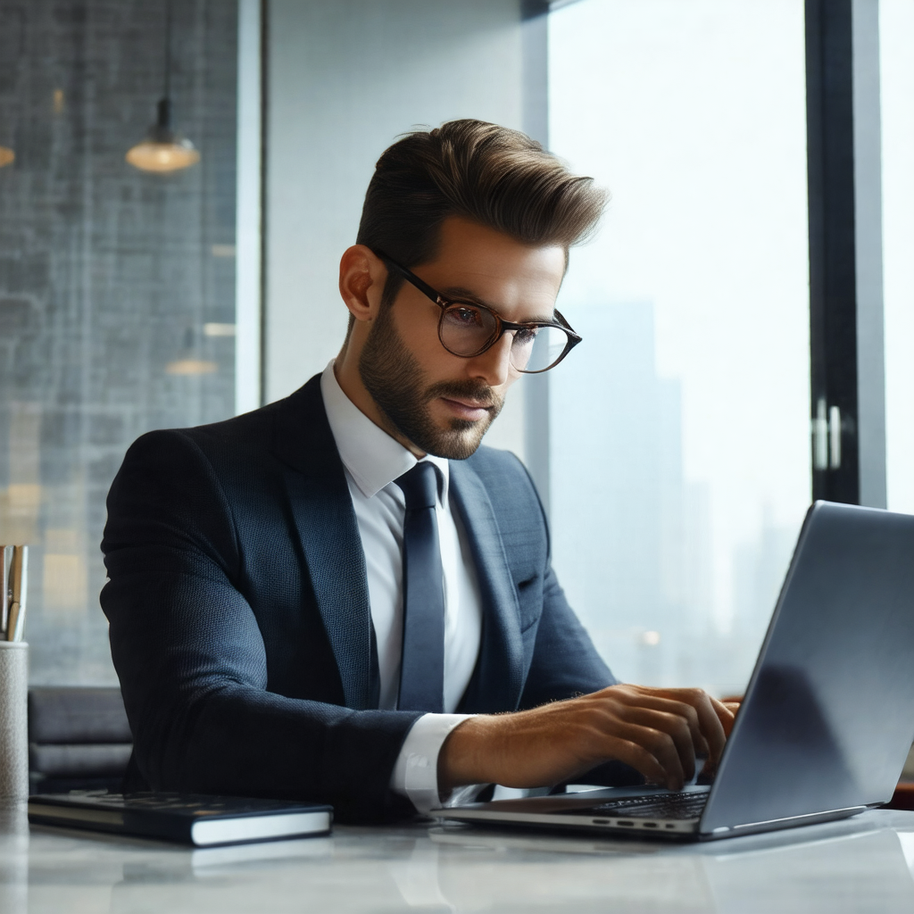 Man wearing a suit and tie, sitting at a desk and working...