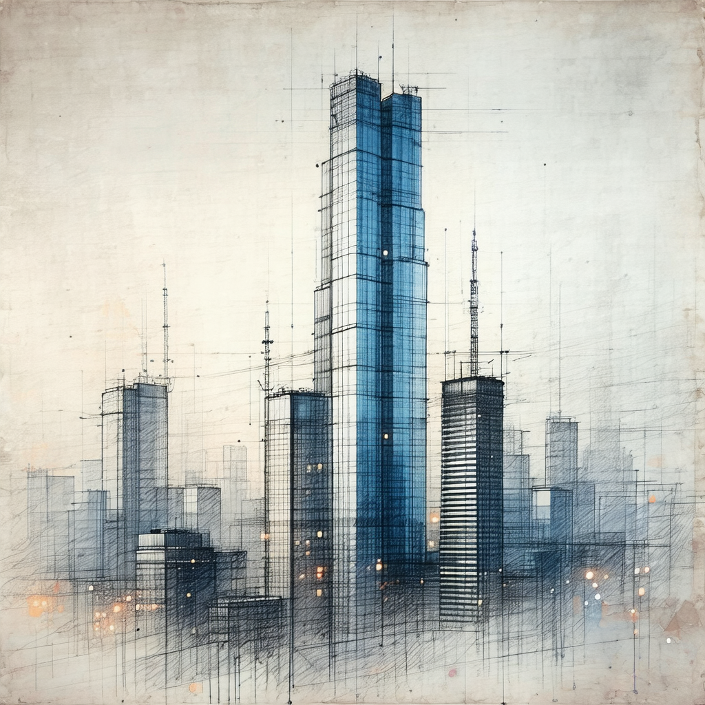 Black and white drawing of a city skyline, featuring a la...