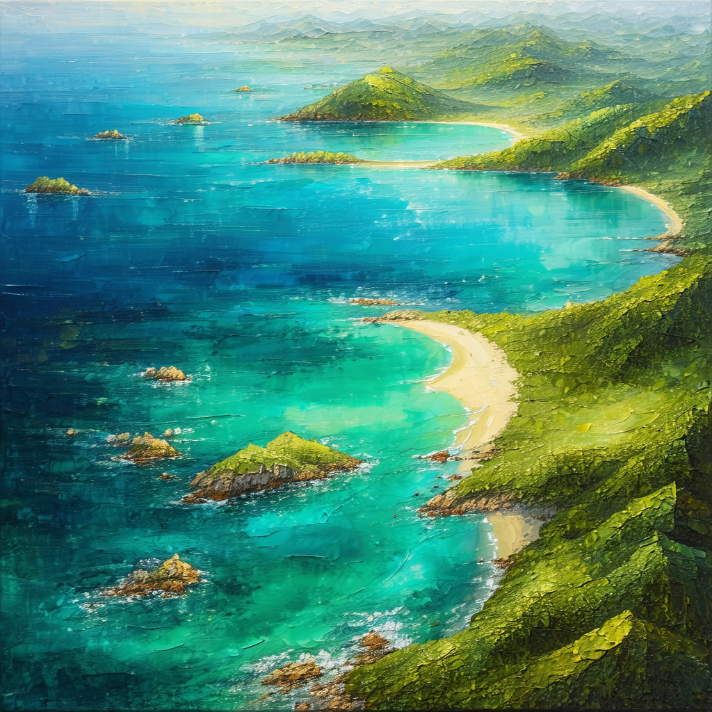 Painting of a beautiful tropical island with a sandy beac...