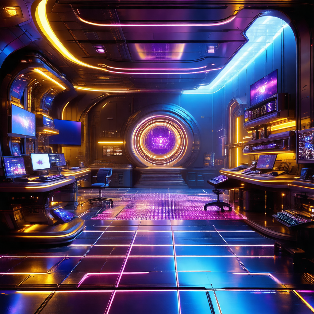 Futuristic room with a purple and yellow color scheme