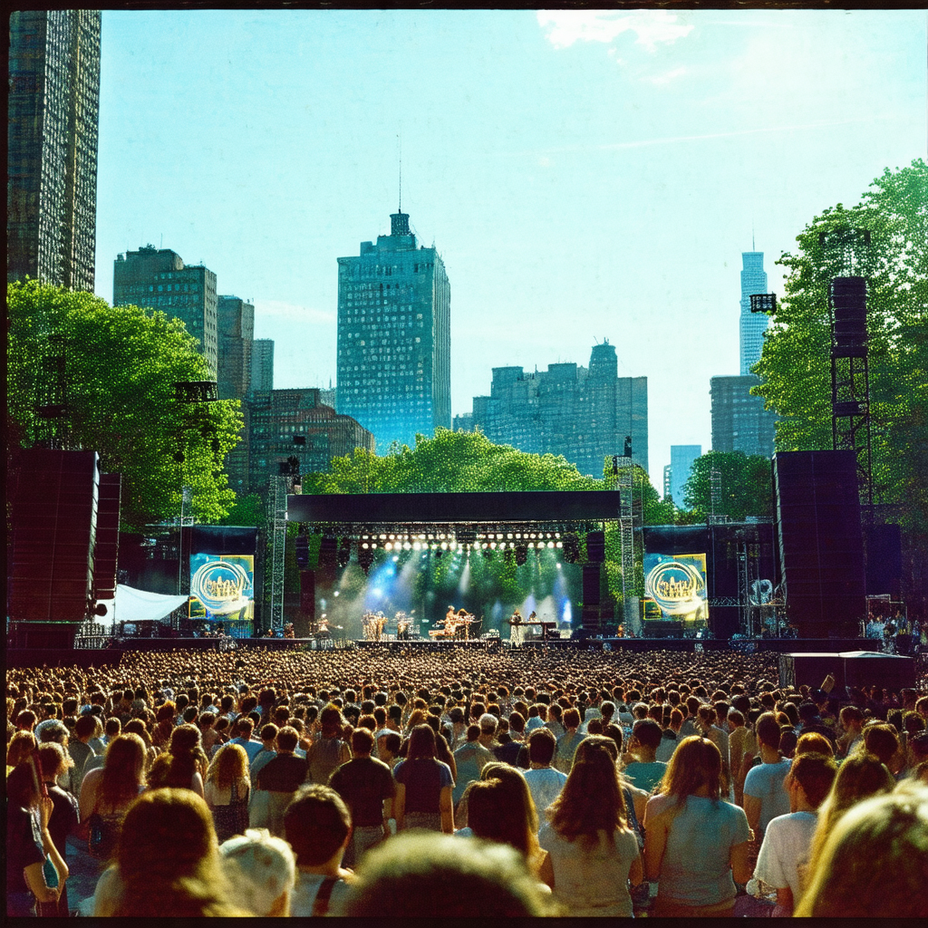 Captures a large crowd of people gathered in a field, enj...