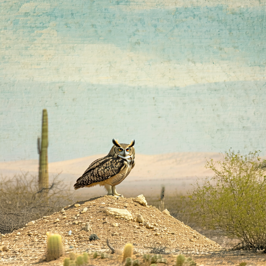 Cute owl perched on a rocky hillside, surrounded by a des...